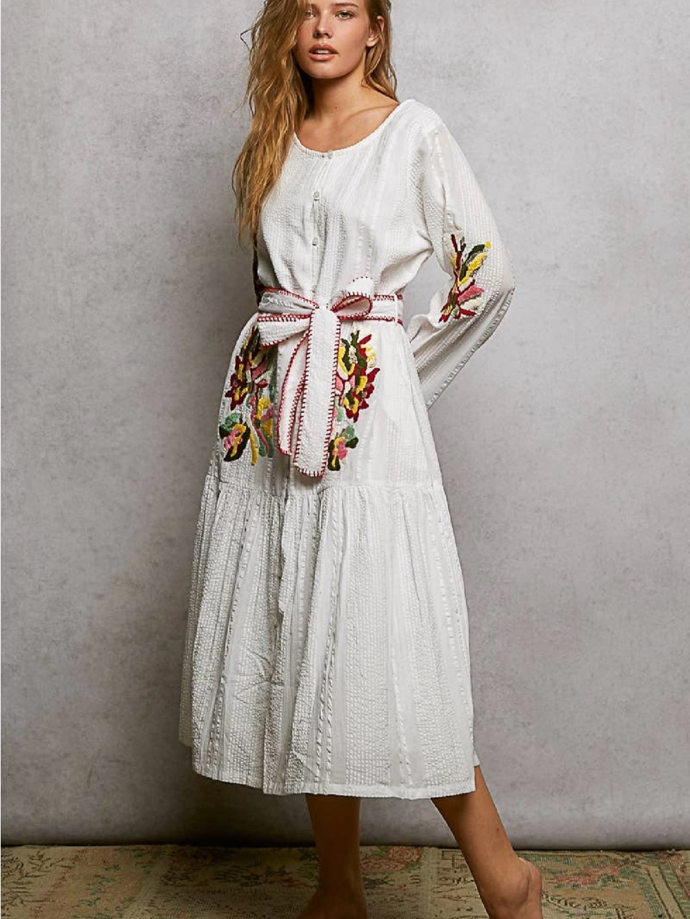 POL Embroidery Pintuck Belt Long Sleeve Dress OFF WHITE